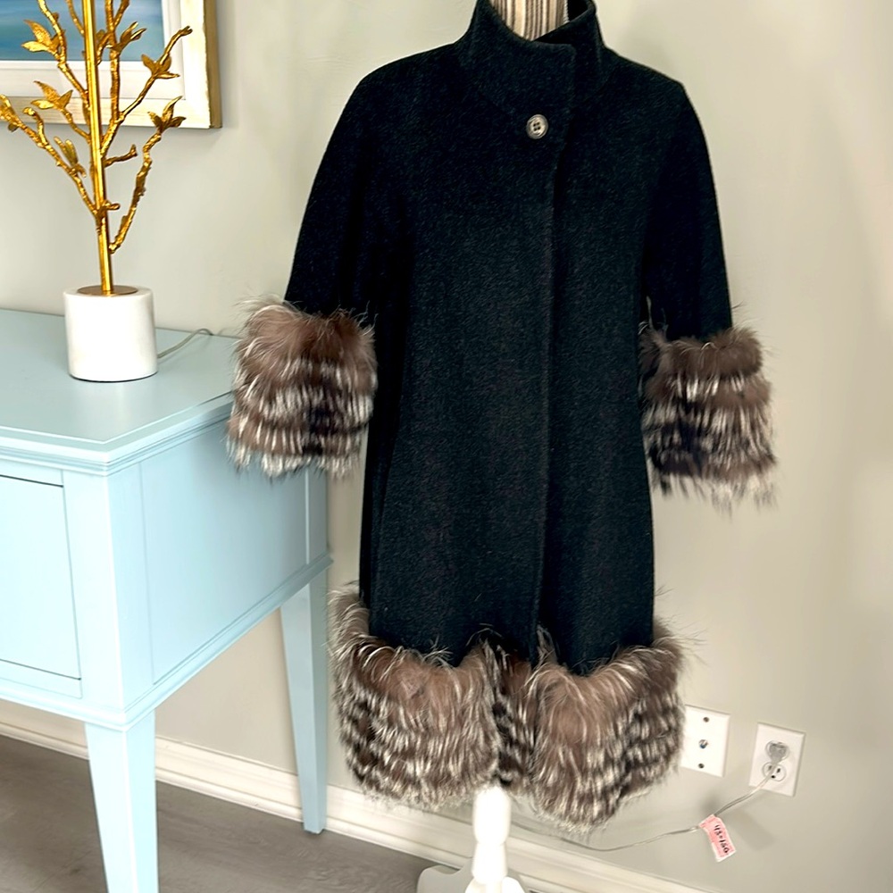 Fleurette charcoal color wool coat with silver fox trim